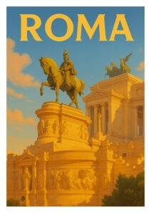 Vintage Rome travel poster showing the Victor Emmanuel II monument in warm golden sunlight, with neoclassical columns and statues at Piazza Venezia, Italy