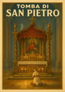 Vintage poster of Tomba di San Pietro showing a priest kneeling before the ornate altar of St. Peter’s Tomb inside St. Peter’s Basilica, Vatican City