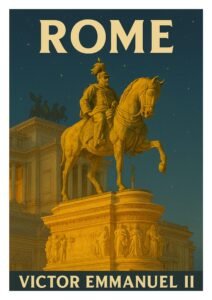 Vintage Rome travel poster featuring the Victor Emmanuel II equestrian statue at night, illuminated in golden tones before the Altare della Patria monument in Italy