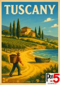 Vintage Tuscany travel poster showing a farmer walking along a coastal vineyard path with a basket of grapes toward a seaside villa under a bright blue sky