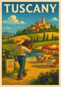Vintage Tuscany travel poster featuring a vineyard worker carrying a basket of grapes along the Via del Vino, with sunlit hills, cypress trees, and a rustic Italian village