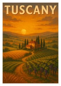Vintage Tuscany travel poster showing a farmhouse surrounded by vineyards and cypress trees under a warm sunset sky in the rolling Italian countryside