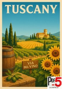 Vintage Tuscany travel poster depicting Italian vineyards, a rustic farmhouse, sunflowers, and a wooden wine barrel under a bright blue sky