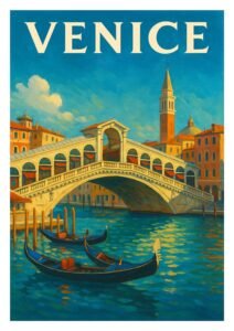 Vintage Venice travel poster featuring gondolas floating on the Grand Canal beneath the iconic Rialto Bridge, with historic Venetian architecture in warm sunlight