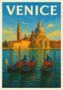 Vintage Venice travel poster featuring gondolas floating on the Grand Canal with historic domes and bell towers under a bright blue sky