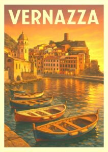 Vintage Vernazza travel poster showing colorful Italian seaside houses, small wooden boats in the harbor, and a golden sunset over Cinque Terre.
