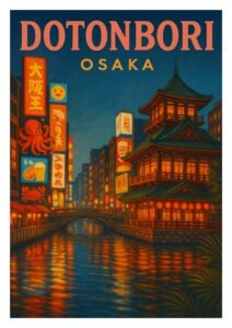 Vintage Dotonbori Osaka travel poster featuring a canal view with neon lights, Japanese signs, and traditional architecture glowing at night