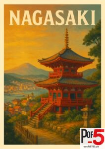 Vintage Nagasaki travel poster featuring a red pagoda overlooking the harbor and city skyline at sunset, with mountains in the background