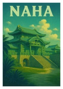 Vintage Naha travel poster featuring a traditional Okinawan castle surrounded by lush greenery under a sunny sky, in a retro Japanese art style