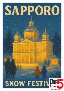 Vintage Sapporo Snow Festival travel poster featuring an illuminated snow sculpture palace at night with visitors admiring it under falling snow