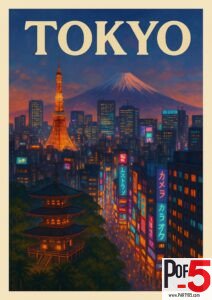 Vintage Tokyo travel poster showing Tokyo Tower, Mount Fuji, and a glowing skyline with neon lights and a traditional pagoda at dusk