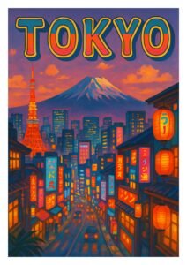 Vintage Tokyo travel poster featuring Mount Fuji, Tokyo Tower, and a vibrant cityscape with neon lights and Japanese lanterns at sunset