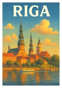 Vintage Riga travel poster showing the Old Town skyline of Latvia with church spires, historic architecture, and a boat on the Daugava River at sunset