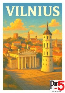 Vintage Vilnius travel poster depicting the Cathedral Square with the Vilnius Cathedral and Bell Tower at sunset, surrounded by the Old Town skyline and Gediminas Tower in the distance