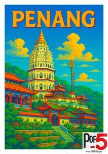 Vintage Penang travel poster featuring the Kek Lok Si Temple in Malaysia, with colorful pagoda rooftops, lush green hills, and a bright tropical sky