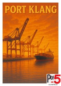 Vintage Port Klang travel poster featuring shipping cranes and a cargo ship silhouetted against a golden orange sunset over the harbor in Malaysia