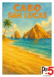 Vintage Cabo San Lucas travel poster featuring El Arco rock formation at Land’s End, turquoise ocean waves, golden sand beach, and a single palm tree under a sunny Baja sky