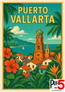 Vintage Puerto Vallarta travel poster showing the Church of Our Lady of Guadalupe with red tile rooftops, tropical flowers, palm trees, and the Pacific Ocean in the background.