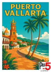 Vintage Puerto Vallarta travel poster with the Church of Our Lady of Guadalupe, palm trees, ocean waves, and colorful colonial-style architecture along the Mexican Riviera