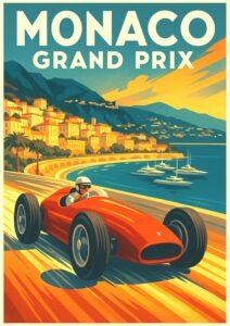 Vintage Monaco Grand Prix travel poster showing a red classic race car speeding along the Monte Carlo coastline with yachts and mountains in the background.