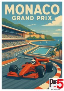 Vintage-style Monaco Grand Prix poster featuring a red Formula 1 race car on the Monte Carlo circuit, overlooking the harbor, stands, and Mediterranean coastline