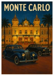 Vintage Monte Carlo travel poster showing the Casino de Monte-Carlo illuminated at night with two elegant vintage cars parked in front, framed by palm trees.