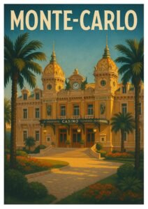 Vintage travel poster of Monte-Carlo featuring the famous Casino de Monte-Carlo in Monaco, surrounded by palm trees and gardens under a clear blue sky.