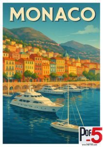 Vintage Monaco travel poster featuring luxury yachts in a Mediterranean harbor with colorful hillside buildings under a clear blue sky along the French Riviera