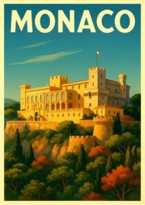 Vintage travel poster of Monaco showing the Prince’s Palace perched above the Mediterranean, surrounded by lush greenery and bathed in golden sunlight under a clear blue sky.