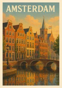 Vintage Amsterdam travel poster showing a canal bridge, traditional Dutch gabled houses, and a church tower with the Netherlands flag under a warm sunset sky