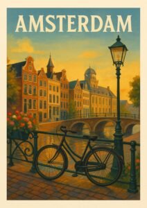 Vintage travel poster of Amsterdam, Netherlands, showing a classic black bicycle on a canal bridge at sunset with Dutch gabled houses, lamppost, and reflections on the water.