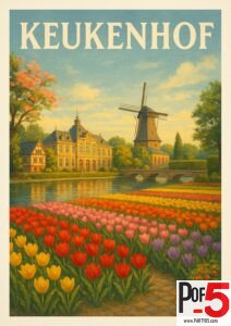 Vintage travel poster of Keukenhof Gardens in the Netherlands featuring colorful tulip fields, a traditional Dutch windmill, a historic estate house, and a calm reflecting pond under a bright blue sky.