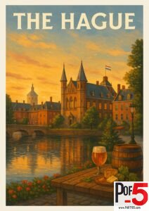 Vintage travel poster of The Hague, Netherlands, showing the historic Binnenhof and Hofvijver at sunset with reflections on the water, a Dutch flag, and a table with beer, cheese, and a barrel.
