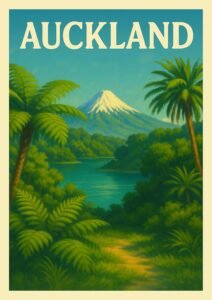 Vintage travel poster of Auckland, New Zealand, showing a lush tropical forest with palm trees, a winding river, and snow-capped Mount Taranaki in the distance.