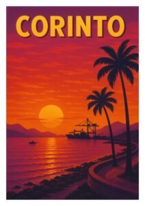 Vintage travel poster of Corinto, Nicaragua, showing a vivid tropical sunset over the Pacific Ocean with palm trees, a cargo ship at the harbor, and glowing orange and purple skies.