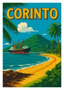Vintage travel poster of Corinto, Nicaragua, featuring a tropical beach with palm trees, golden sand, and a cargo ship anchored near lush green mountains under a clear blue sky.