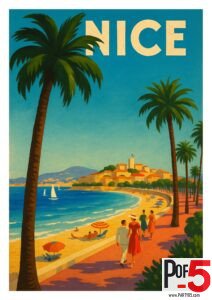 Vintage travel poster of Nice, France, showing the palm-lined Promenade des Anglais along the Mediterranean Sea with sunbathers, sailboats, and colorful Art Deco tones.