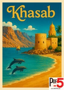 Vintage travel poster of Khasab, Oman, showing a historic fort by the turquoise sea with dolphins jumping near a sandy beach and rocky cliffs