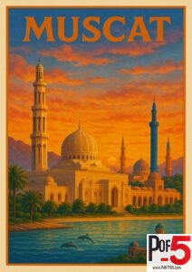 Vintage travel poster of Muscat, Oman, showing a mosque with domes and minarets at sunset beside the sea with dolphins in the foreground