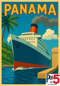Vintage travel poster of Panama featuring an Art Deco ocean liner passing through the Panama Canal with palm trees and tropical colors