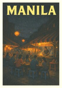 Vintage travel poster of Manila, Philippines, showing a bustling night market with glowing lanterns, food stalls, and people dining under warm lights