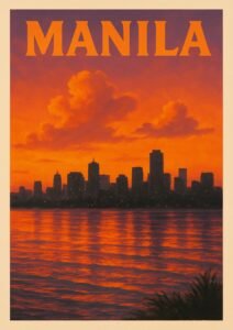 Vintage travel poster of Manila, Philippines, showing the city skyline at sunset with glowing orange clouds reflected over Manila Bay