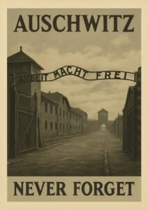 Memorial poster of Auschwitz concentration camp with the words Never Forget, honoring Holocaust victims and preserving remembrance of history