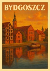Vintage travel poster of Bydgoszcz, Poland, featuring colorful riverside buildings and a boat reflected in the calm waters of the Brda River at sunset