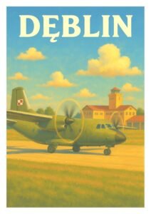 Vintage travel poster of Dęblin, Poland, featuring a Polish Air Force transport aircraft on the runway near the historic airbase and control tower under a bright blue sky