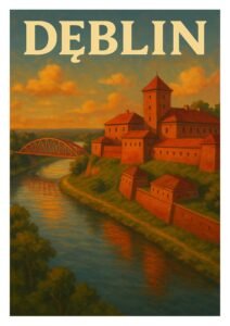 Vintage travel poster of Dęblin, Poland, showing a historic riverside fortress and red bridge reflecting in the sunset over the river