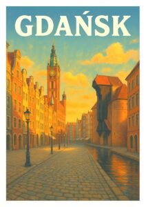 Vintage travel poster of Gdańsk, Poland, showing Old Town street with colorful historic buildings, clock tower, and the medieval Gdańsk Crane at sunset