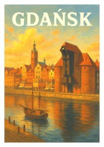 Vintage travel poster of Gdańsk, Poland, showing the historic waterfront with colorful buildings, a sailing ship, and the medieval Gdańsk Crane at sunset
