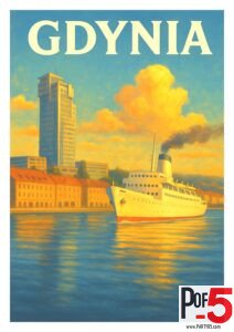 Vintage travel poster of Gdynia, Poland, featuring a white passenger ship sailing through the harbor at sunset with city skyline and golden clouds