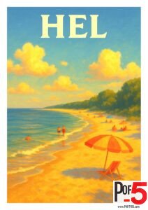 Vintage travel poster of Hel, Poland, showing a golden sandy beach on the Baltic Sea with umbrellas, swimmers, and summer sunlight